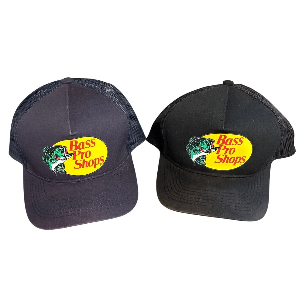 Bass Pro Shops Trucker Hat Lot of 2 Black Navy Blue Mesh Snapback Fishing Caps